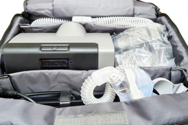 cpap supplies organized in a black bag